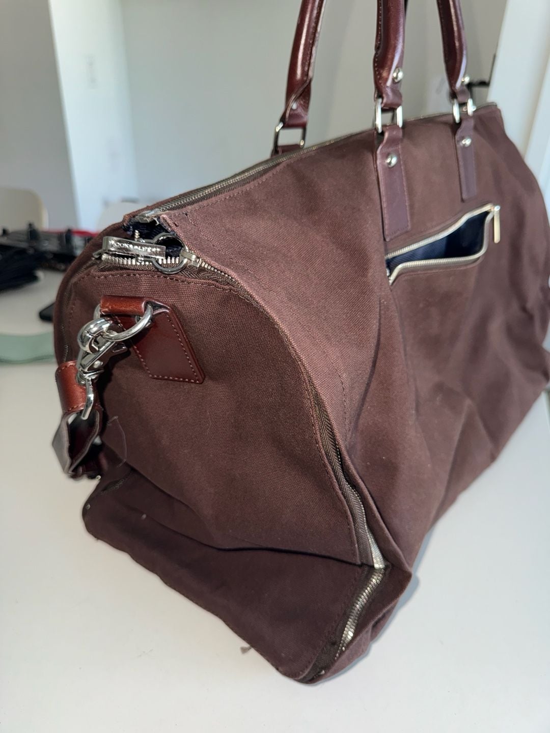 Hook & Albert Canvas Leather Trim Garment Weekender Duffel Bag Maroon Red — image 4 of 8